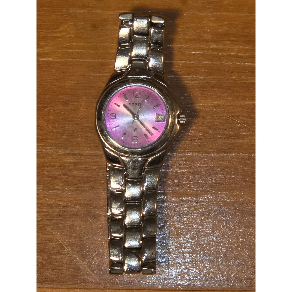 Fossil Blue Women Watch Silver Tone Stainless Steel Pink Dial Date Window ES9390